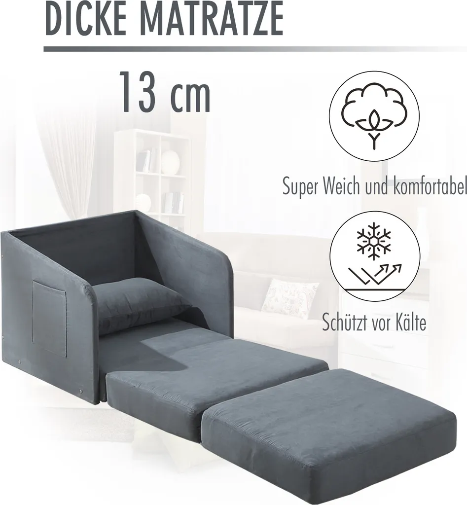 HOMCOM Schlafsofa Sofabett Einzelsofa Waschbarer Bezug 2 Seitentaschen Kissen Metall Grau 70 X 74 X 78 Cm – Bild 5