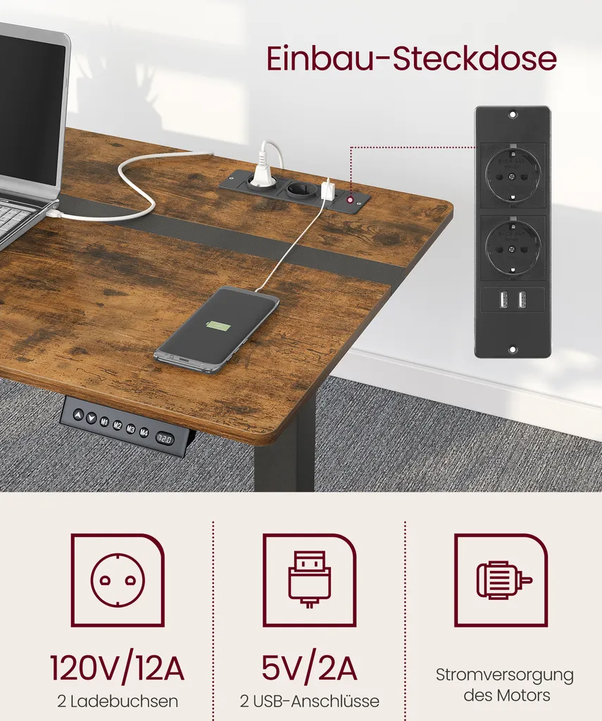 VASAGLE Höhenverstellbarer Schreibtisch Elektrisch, 60 X 120 Cm Tischoberfläche, Elektrischer Schreibtisch,Mit 2 Ladebuchsen Und 2 USB-Anschlüssen,Memory-Funktion Mit 4 Höhen DSL112X01 – Bild 9
