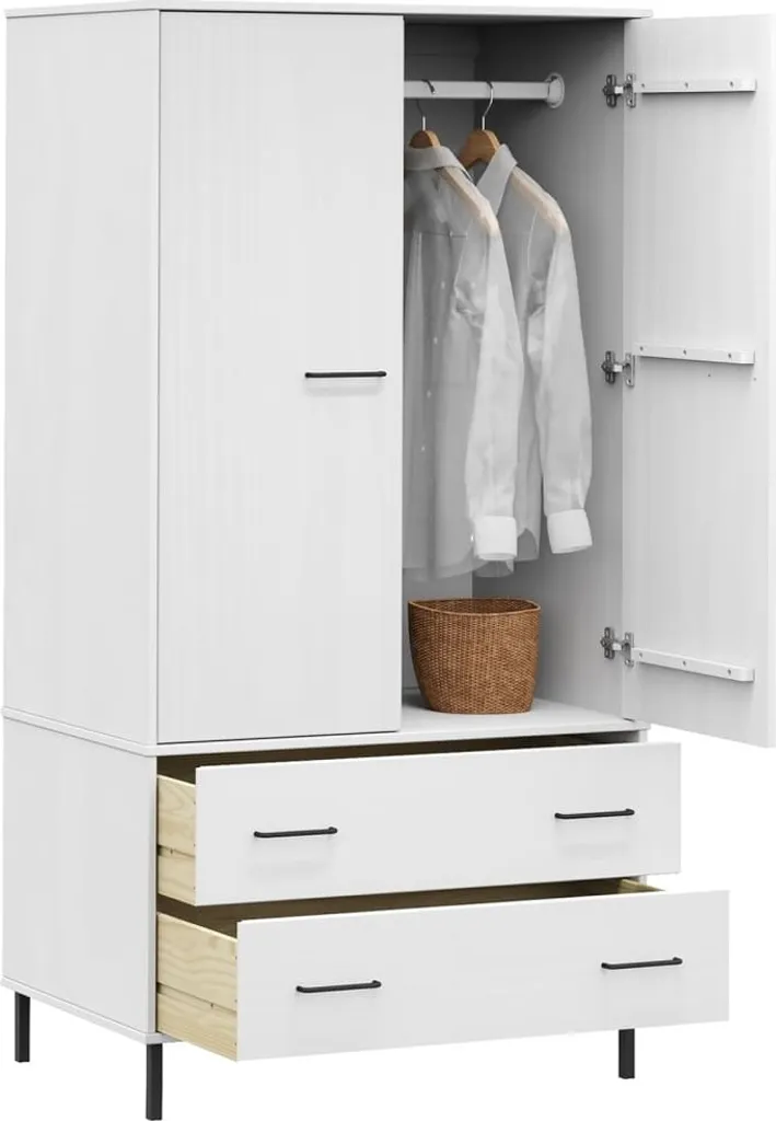 VidaXL Kleiderschrank OSLO Metallbeine Weiß 90x55x172,5 Cm Massivholz – Bild 3