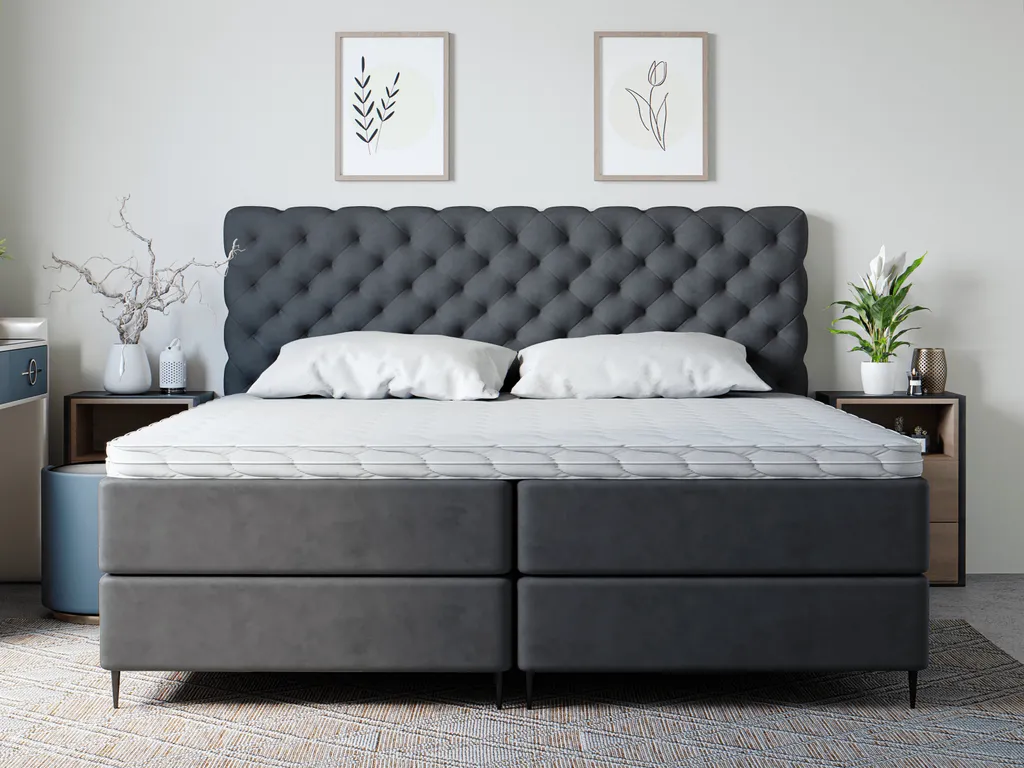 Kontinentalbett 200x200 Bergamo - Bett Mit Zwei Matratzen & Bettkästen & Boxspringbett Mit Chesterfield Kopfstütze - Schwarz (Monolith 95) – Bild 2