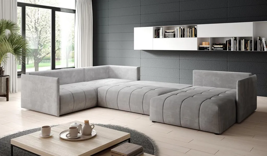 FURNIX Schlafsofa ASVIL BIS Polstercouch In U-Form: Bettkasten Und Kissen MH84 Hellgrau – Bild 2