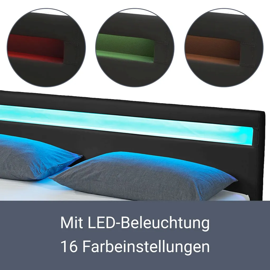 Juskys Polsterbett Lyon 140 X 200 Cm Mit Bettkasten, LED Beleuchtung, Lattenrost & Matratze - Kunstleder & Holz – Bett Bettgestell Jugendbett Schwarz – Bild 5