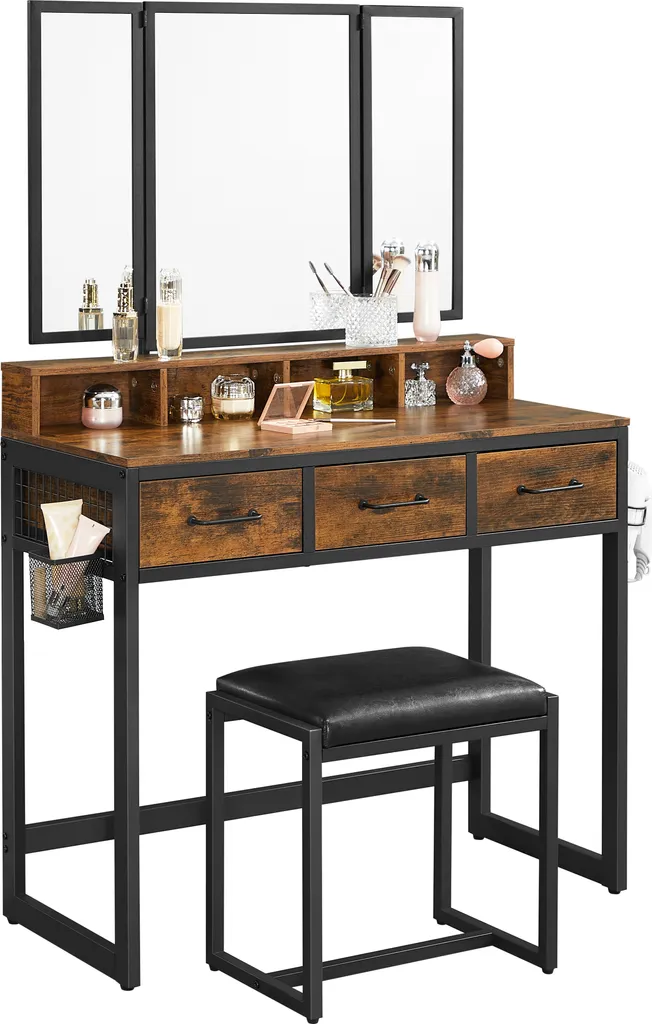 VASAGLE Schminktisch, Frisiertisch Mit 3-teiligem Klappspiegel Kosmetiktisch Mit Gepolstertem Hocker, 3 Schubladen Vintagebraun-schwarz RVT004B01 – Bild 4