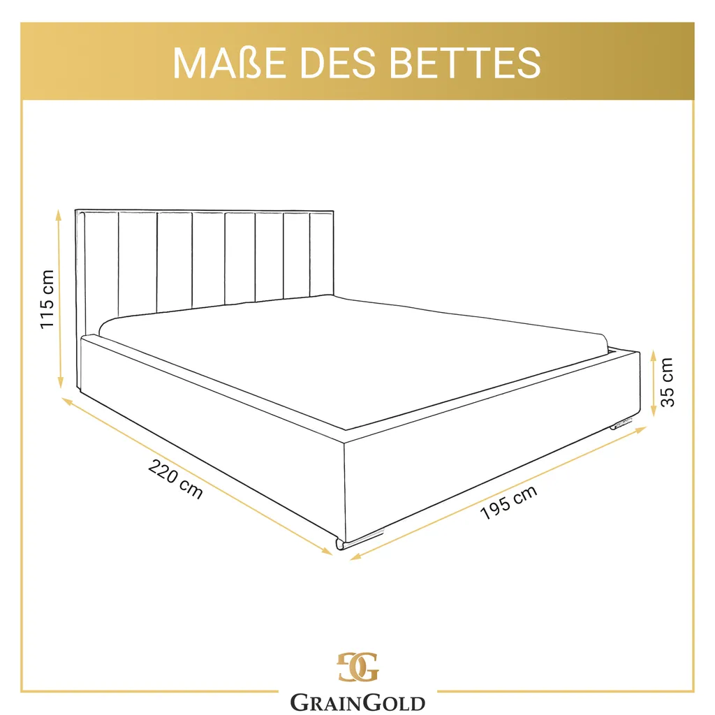 GRAINGOLD Doppelbett 180x200, Polsterbett Mit Bettkasten, Rückenlehne Und Lattenrost Ark - Grau – Bild 6