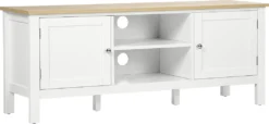 HOMCOM TV-Lowboard Fernsehschrank Mit 2 Schränken Und 2 Offenen Regalen TV Schrank Mit Kabelführungslöcher Unterschrank TV-Kommode Fernsehtisch Landhausstil Weiß+Natur 120 X 35 X 48cm