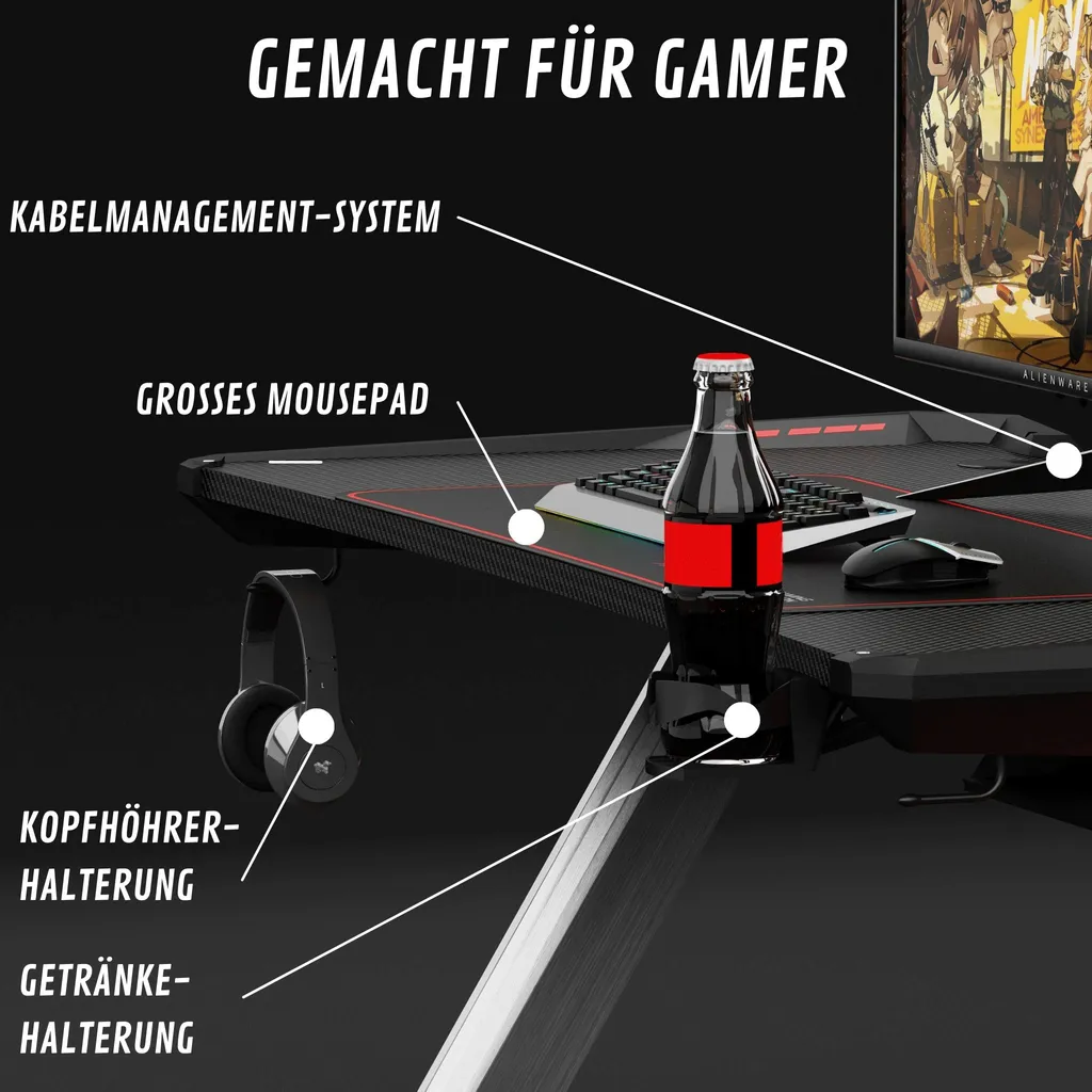 EXCAPE Gaming Tisch Z12 ULTRA Mit LED/RGB Beleuchtung 120cm Breit - Beine In Z-Form, Carbon-Optik, Schreibtisch Gaming - Gamingtisch Inkl. Getränkehalter, Kopfhörerhalter - PC Tisch, Gamer Desk, Tischplatten Größe:120cm X 60xm – Bild 4