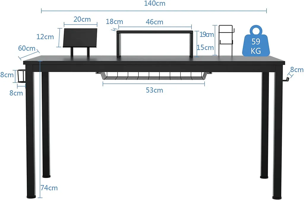 COSTWAY 140cm Gaming Tisch Mit Monitorablage, Groß Gamer Schreibtisch, PC-Tisch Mit Getränkehalter, Kopfhörerhaken, Aufbewahrungskorb, Medienablage, Verstellbare Fußpolster – Bild 5