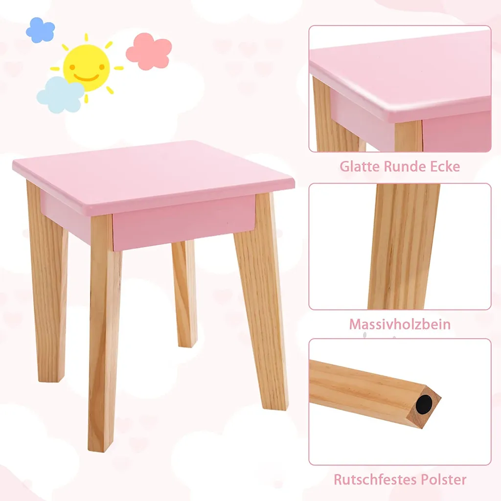 COSTWAY 2-in-1-Schminktischset Für Kinder, Kinderschminktisch Mit Hocker Aus Holz Für Kinder Mit Dreifach Klappbarem Spiegel & Schublade, Make-up Tischset Für Mädchen Von 3-7 Jahren (Rosa) – Bild 6
