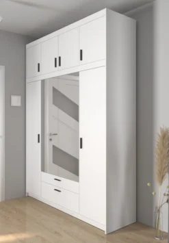 FURNIX Kleiderschrank ELIZA 176,3 Cm 4-türig Aufsatz Spiegel 2 Schubladen Weiss