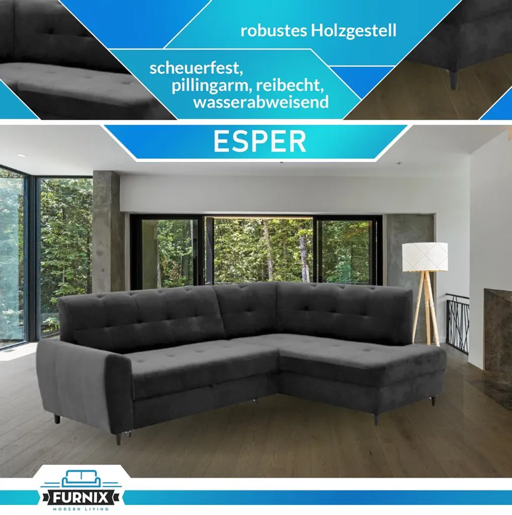 Ecksofa ESPER L-Form Mit Schlaffunktion Und Bettkasten RV95 Grau – Bild 2