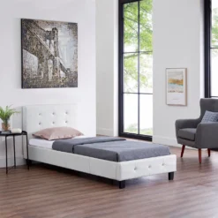 Polsterbett GLASGOW Bettgestell 90 X 200 Cm Einzelbett Designbett Mit Strasssteinen Inklusive Lattenrost Kunstleder In WeiĂź