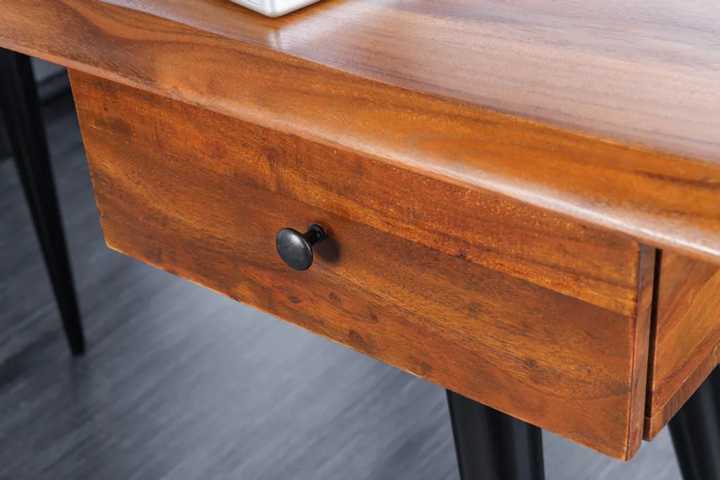 Massiver Schreibtisch WILD 110cm Akazienholz Baumkante Mit Schublade Metallbeine – Bild 9