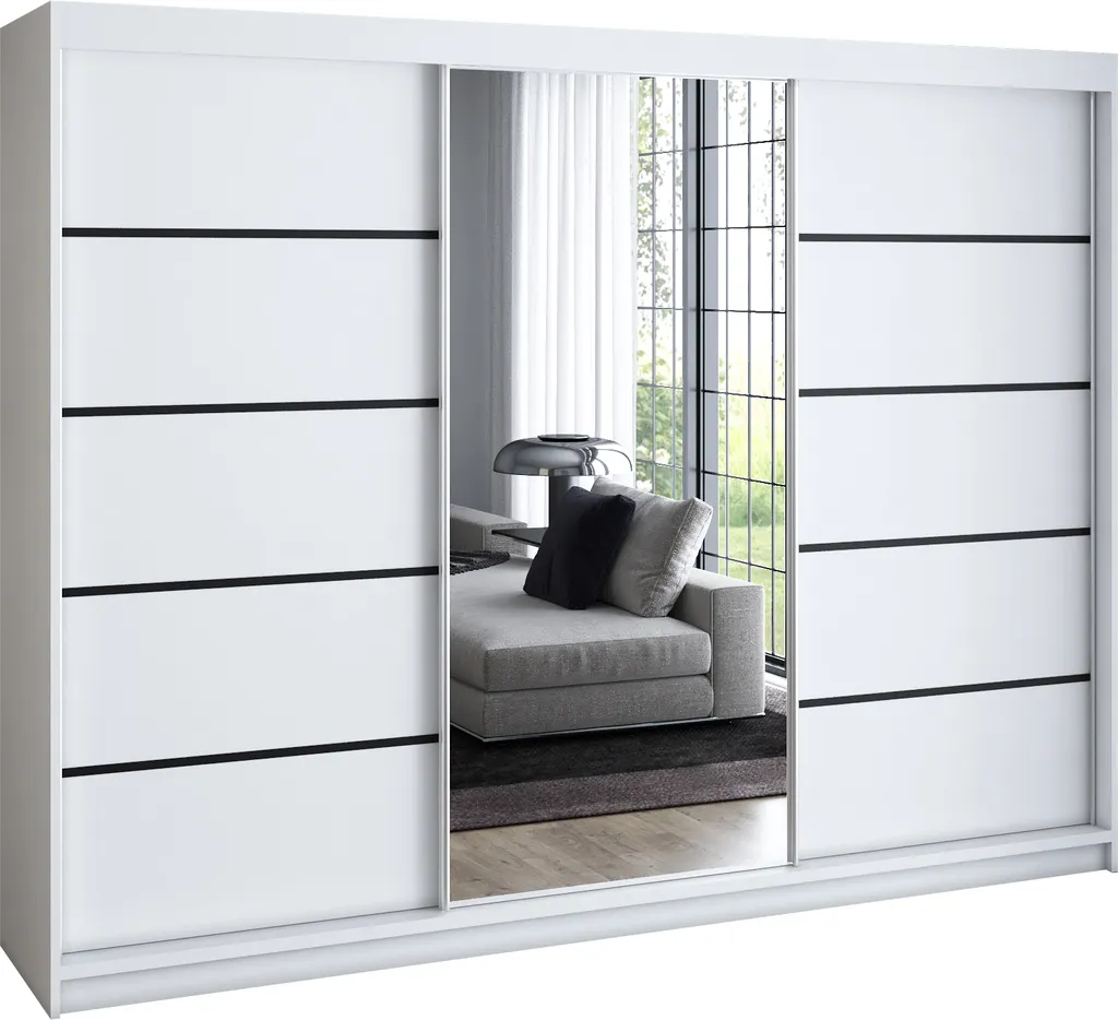 Schwebetürenschrank, 3-türig Schrank 200 Cm Mit 4 Schubladen, Und Spiegel, Retrostil Premum! Moderne Garderobe Für Kleidung. Verschiedene Farben (Weiß, Schwarz, Somona) Kleiderschrank VILI 2