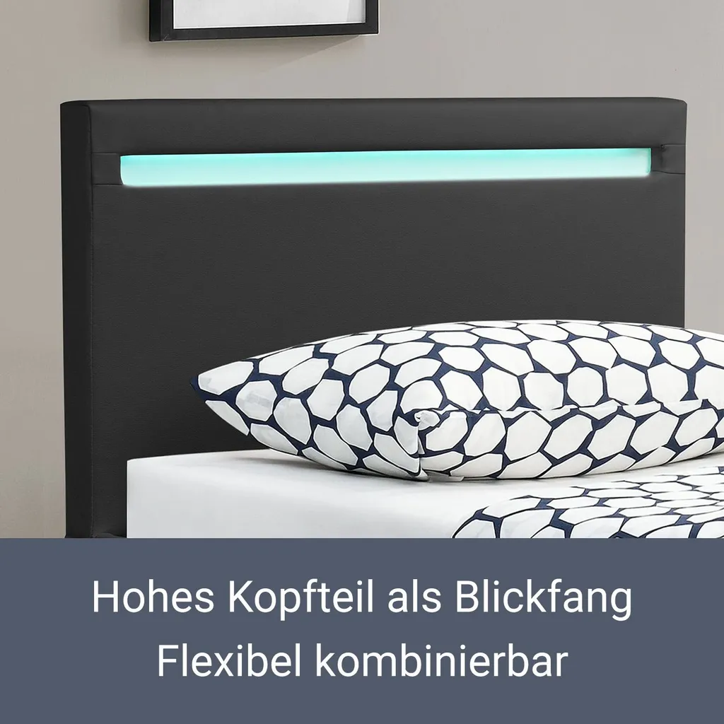 Juskys Polsterbett Verona 90 X 200 Cm Schwarz – Bettgestell Inkl. LED-Beleuchtung, Lattenrost & Kopfteil – Bett Mit Holzgestell & Kunstleder-Bezug – Bild 6