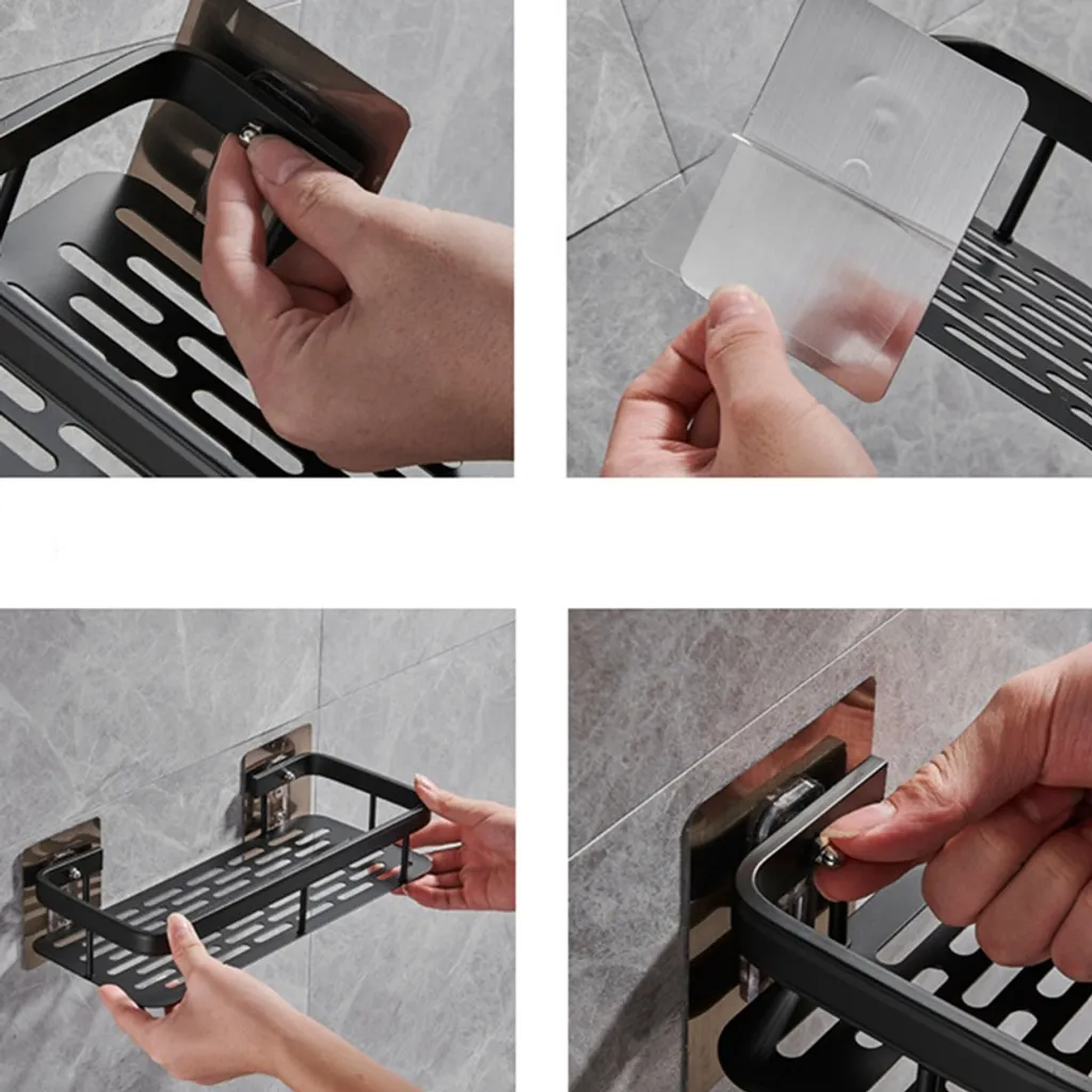 Küchenregal, Gewürzregal, Waschbecken Schwamm Abtropfkorb, Handtuchhalter Mit Haken, Schwarz Wandregale – Bild 2