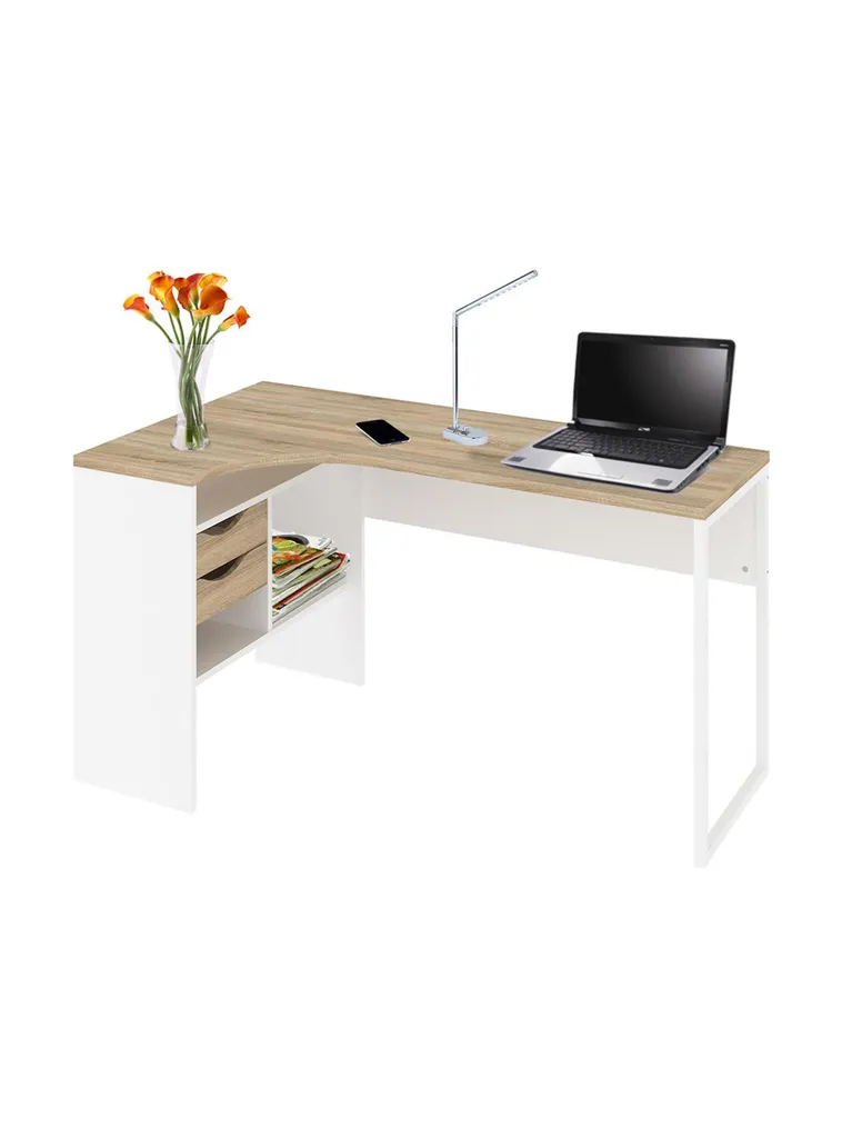 Eckschreibtisch Mit Zwei Schubladen, Eiche Und Weiße Farbe, 145 X 76 X 81 Cm – Bild 2
