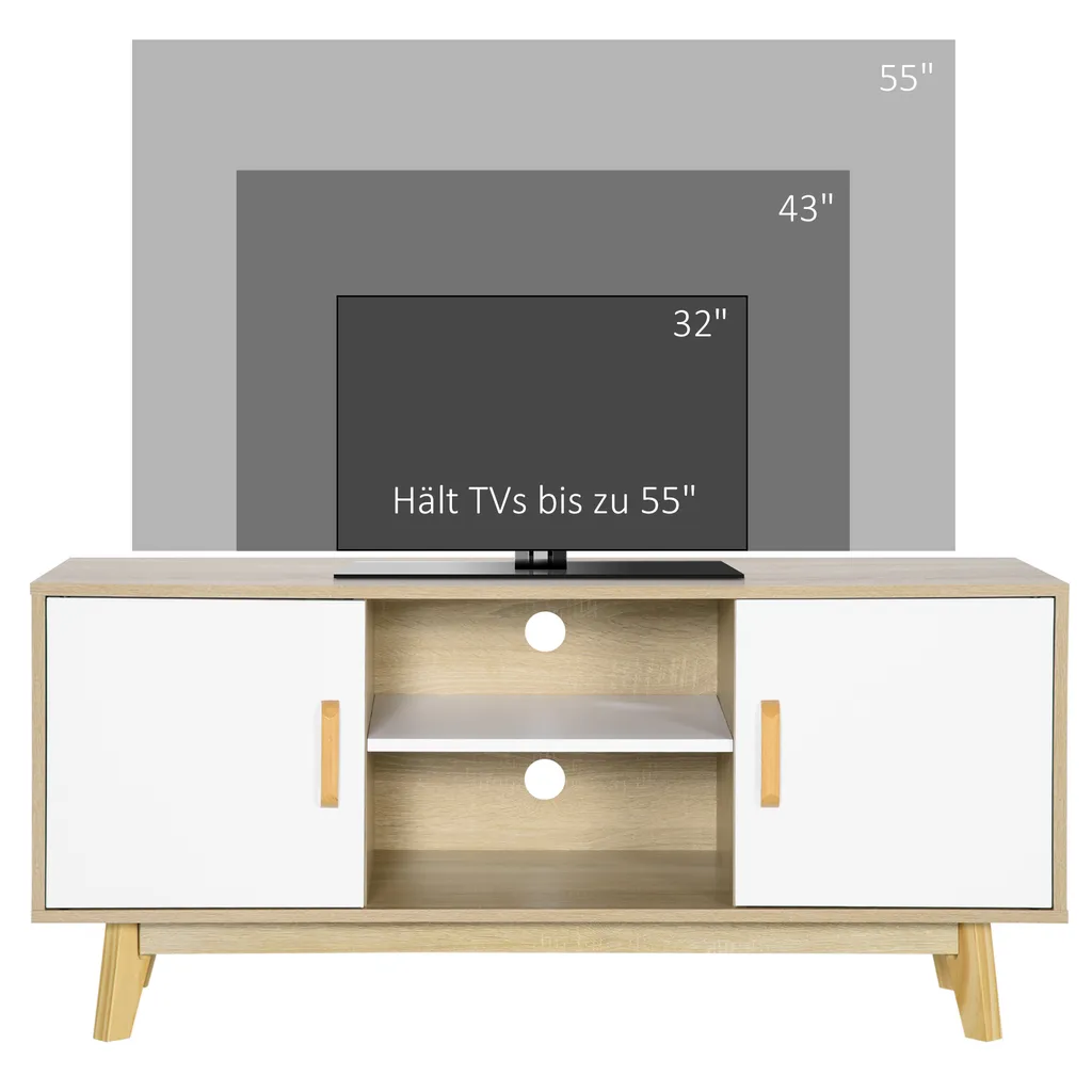 HOMCOM TV-Lowboard Fernsehschrank TV Schrank Fernsehtisch Sideboard Mit 2 Schränke Und Offenen Regale Skandi-Design Bis Zu 55 Zoll Natur+Weiß 120 X 40 X 55 Cm – Bild 7