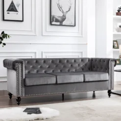 Chesterfield Sofa, Sofa 3-Sitzer, Sofa Mit Knopfheftung Und Komfortablem Federkern, Holzfüße Und Armlehnen, Sofa Aus Samt, Grau