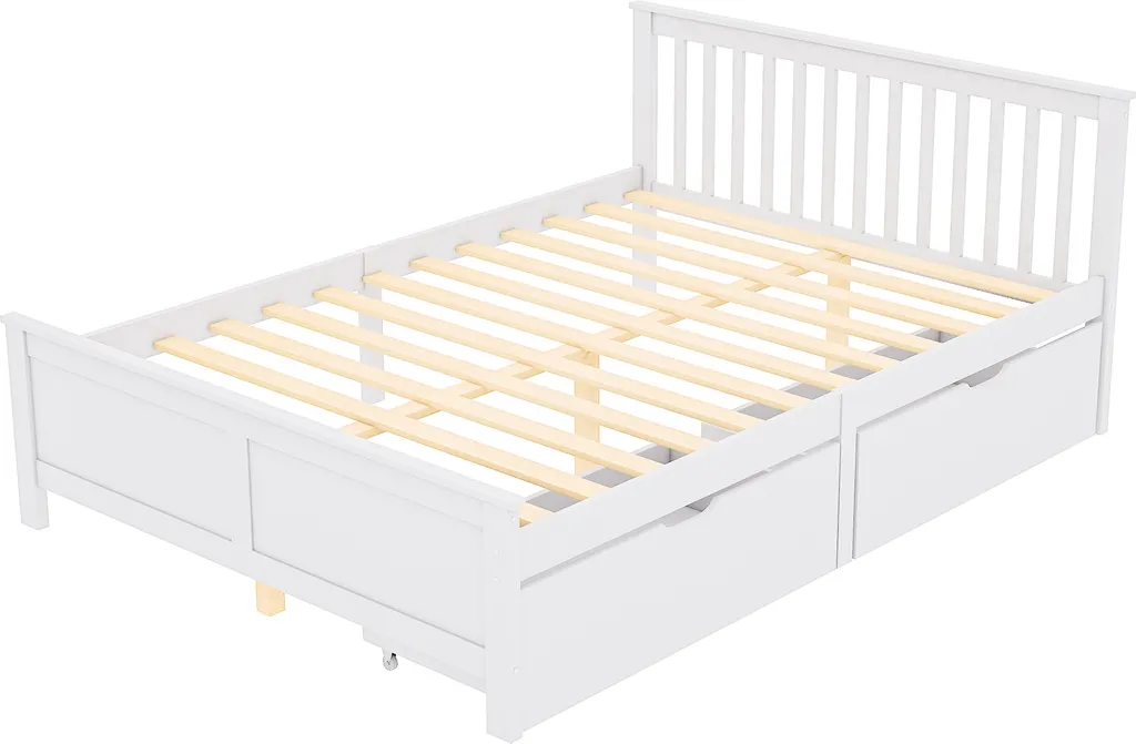 Merax Doppelbett 140x200cm Massivholzbett Mit Lattenrost Und 2 Schubladen, Klassisches Bett Jugendbett Gästebett, Weiß – Bild 6