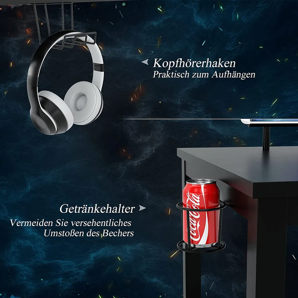 COSTWAY 140cm Gaming Tisch Mit Monitorablage, Groß Gamer Schreibtisch, PC-Tisch Mit Getränkehalter, Kopfhörerhaken, Aufbewahrungskorb, Medienablage, Verstellbare Fußpolster – Bild 4