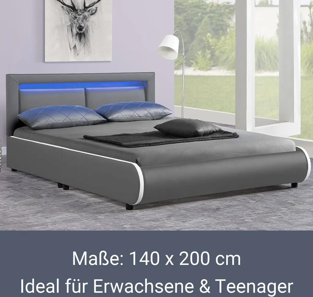 Juskys Polsterbett Murcia 140 X 200 Cm – Bett Mit LED, Lattenrost, Kopfteil & Kunstleder – Bettgestell Gepolstert, Gemütlich & Modern - Dunkel-grau – Bild 3