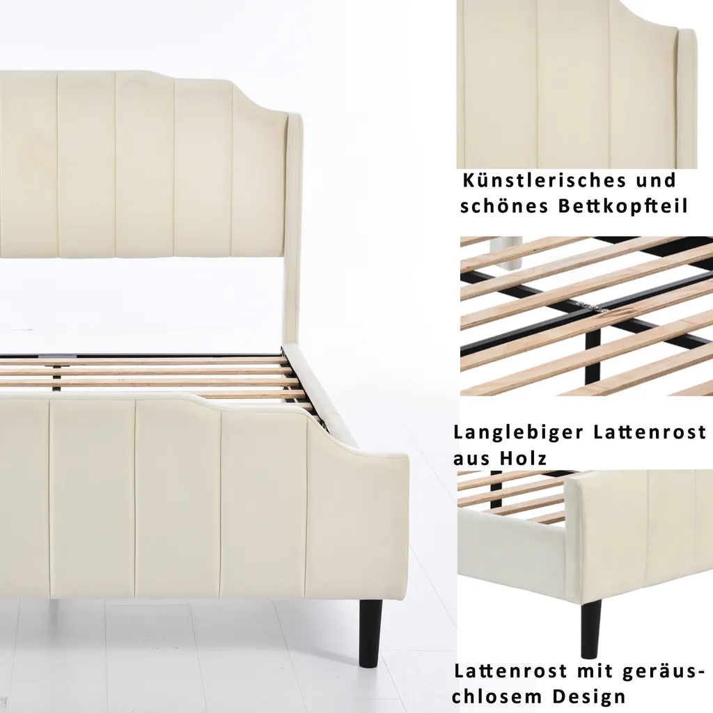 Polsterbett 140x200cm Bettgestell, Mit Kopfteil Fußteil Lattenrost Polsterbetten Holz Bett Doppelbett Erwachsenen Jugendbett Gästebett, Beige Ohne Matratze – Bild 4