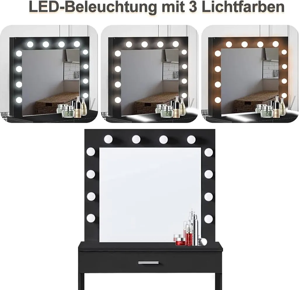 Yoleo Schminktisch Mit Spiegel, LED-Beleuchtung Und Hocker, Frisiertisch Mit Großer Schublade, Kosmetiktisch 140x40x80cm, Schwarz – Bild 3