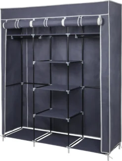 Kleiderschrank Höhe 175cm Stoffschrank Faltschrank Garderobe Mit Kleiderstange 3 Hochrollbaren Türen 175cm*150cm*45cm Graublau