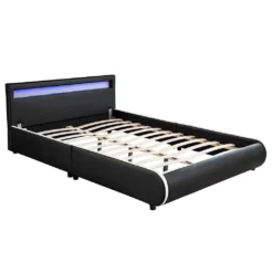 Juskys Polsterbett Sevilla 140 X 200 Cm Schwarz – Bettgestell Mit LED Beleuchtung, Lattenrost & Kopfteil – Kunstleder & Holz – Bett Jugendbett