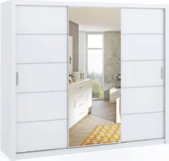 GRAINGOLD SchwebetĂĽrenschrank 250 Cm Bino - Kleiderschrank, Schrank - Garderobe Spiegel - Kleiderschrank FĂĽr Schlafzimmer Mit SchiebetĂĽren - WeiĂź