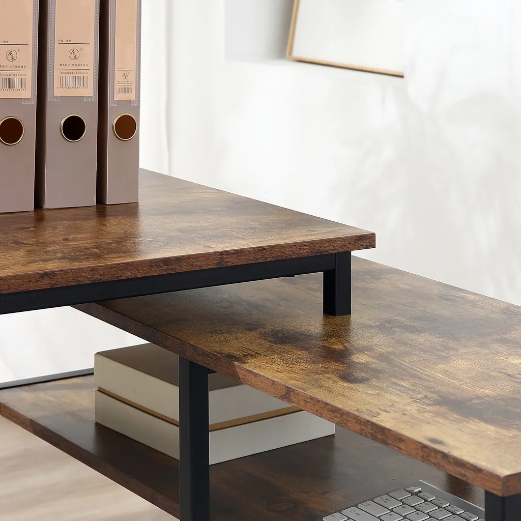 HOMCOM Eckschreibtisch Winkelschreibtisch PC-Tisch Computertisch Bürotisch Regal Schublade L-Form Spanplatte Metall Rustikales Braun 135 X 90 X 79 Cm – Bild 8