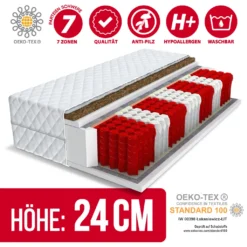 Matratze 140x200 Cm HOME MAX MULTI Höhe Ca. 24 Cm H3 H4 Premium Multipocket-Taschenfederkern 7 Zonen Kokos