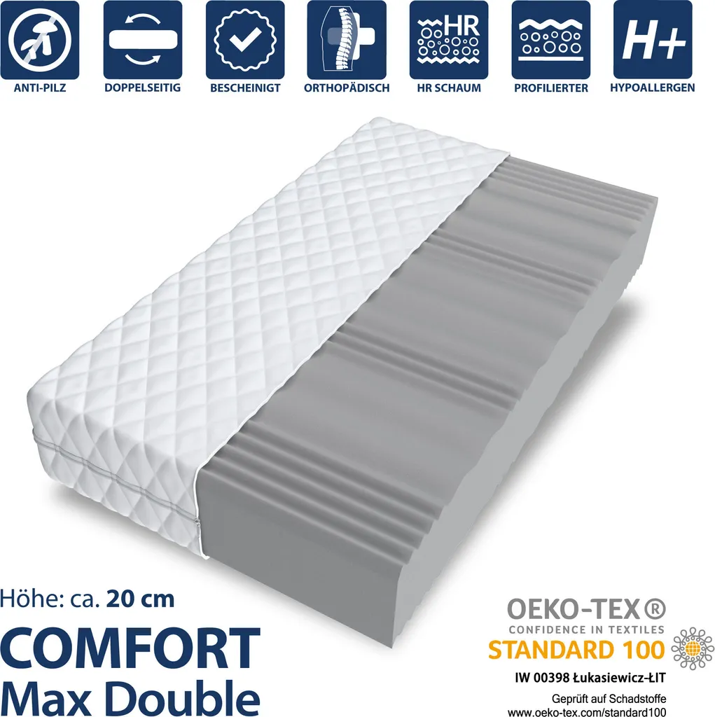 Matratze 140x200 Cm COMFORT MAX DOUBLE 7 Zonen H3 Kaltschaum Höhe Ca. 20 Cm Mit Waschbarem Premium Bezug