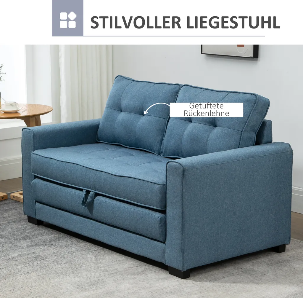 HOMCOM Schlafsofa Klappsofa 2-Sitzer Stoffsofa Bettsofa Sofa Mit Schlaffunktion Sofagarnitur Leinen-Touch Gummiholz Blau 147,5 X 75 X 85 Cm – Bild 4