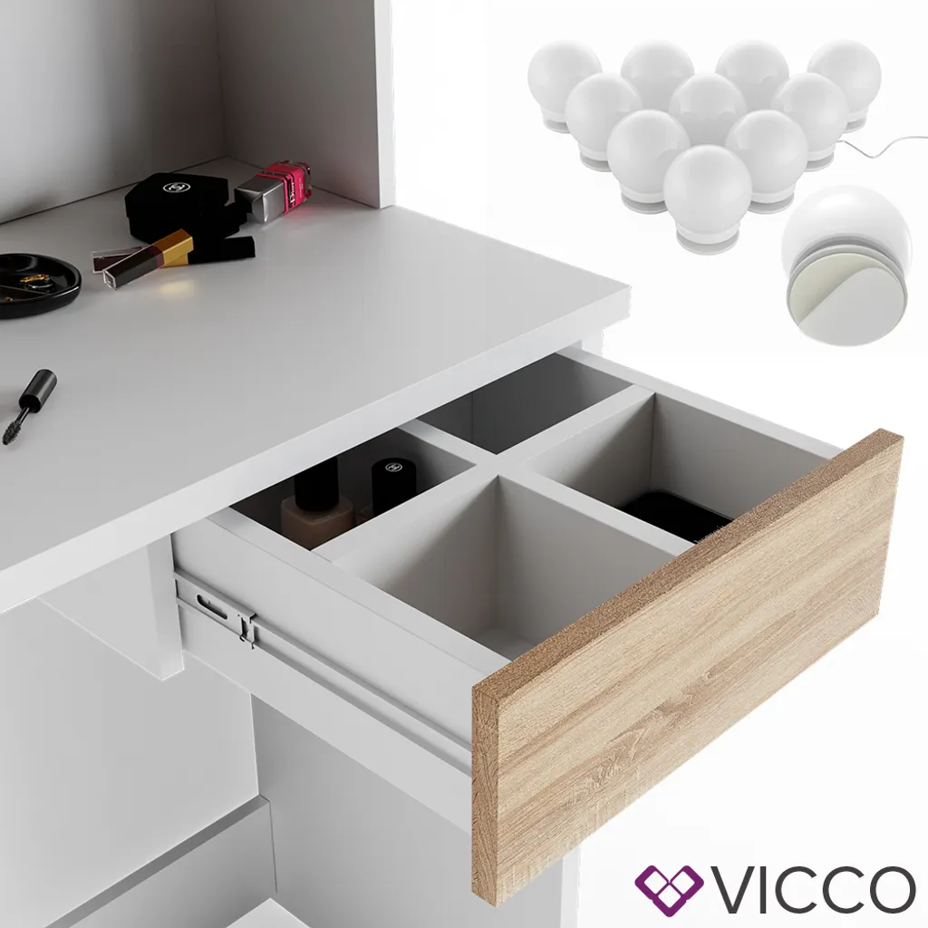 VICCO LED Schminktisch DEKOS Frisiertisch Kommode Kosmetik Weiß Eiche Hocker – Bild 6