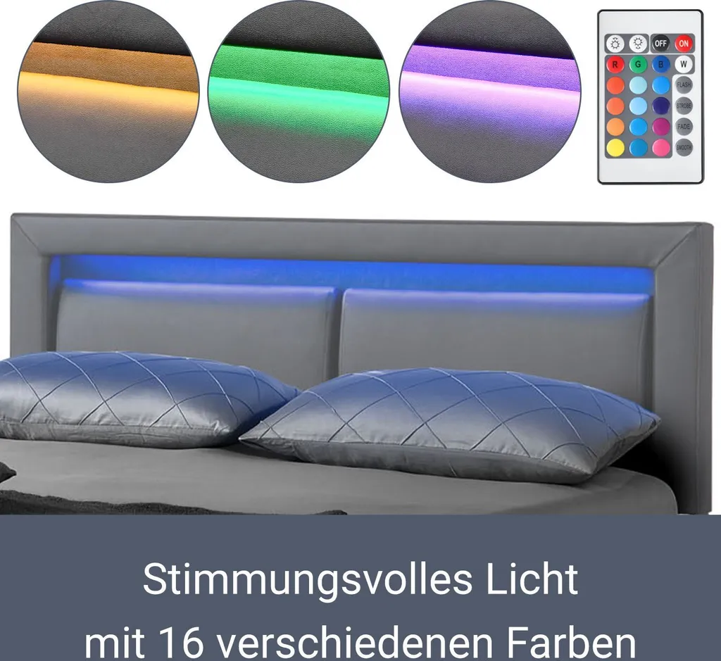 Juskys Polsterbett Murcia 140 X 200 Cm – Bett Mit LED, Lattenrost, Kopfteil & Kunstleder – Bettgestell Gepolstert, Gemütlich & Modern - Dunkel-grau – Bild 6