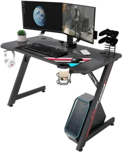 Gaming Tisch, Spieltisch, Ergonomischer Desktop-Computertisch, Kohlefaser Tisch Für Home-Office, Büro Und Spiele, Mit Kopfhörerhalter, Griffhalter Und Wasserbecherhalter