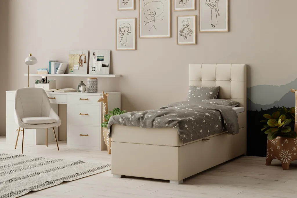 FURNIX Boxspringbett AURORIA Für Kinder 90x200 Cm Mit Bettkasten Bett Mit 7-Zonen Federkern Matratze Und Extra Topper BEIGE