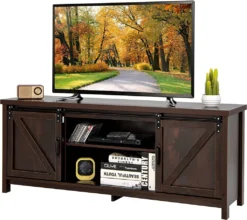 COSTWAY TV-Schrank, Fernsehtisch Mit 2 Schiebetüren, TV-Regal Für Fernseher Bis Zu 65 Zoll, Fernsehschrank Mit Verstellbaren Ablagen, TV-Ständer Industrie-Design, Braun
