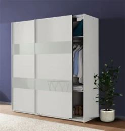 Schwebetürenschrank Kleiderschrank Altona Weiß Weißglas 180cm