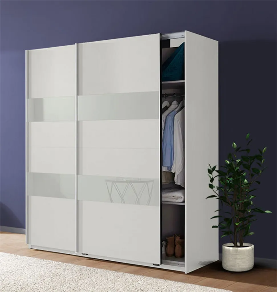 Schwebetürenschrank Kleiderschrank Altona Weiß Weißglas 180cm