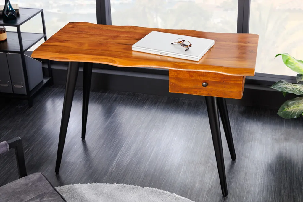 Massiver Schreibtisch WILD 110cm Akazienholz Baumkante Mit Schublade Metallbeine – Bild 5