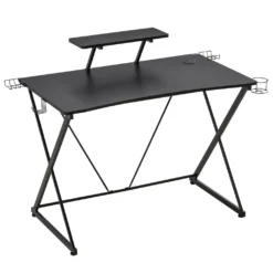 HOMCOM Gaming-Tisch Schreibtisch Computertisch PC Schreibtisch Mit Kopfhörerhaken Getränkehalterung Ergonomisches Design Verstellbare Füße MDF Stahl Schwarz 106 X 60 X 93,5 Cm