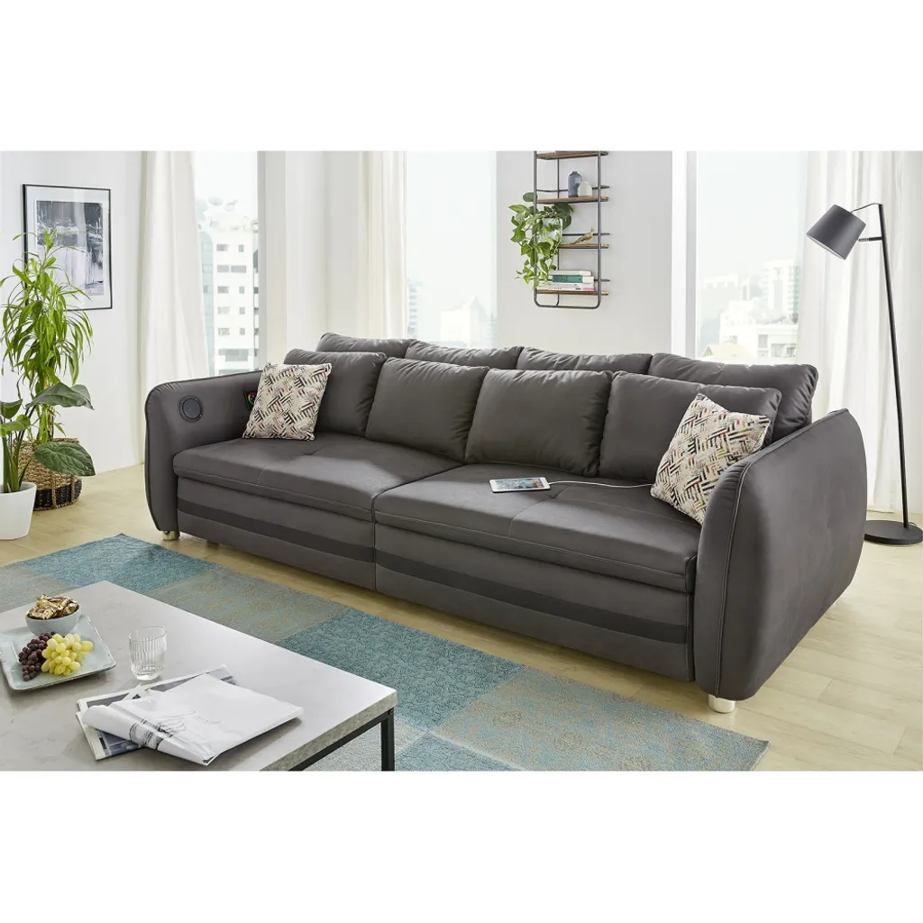 Big Sofa Couch Schlafsofa LED Beleuchtung Bluetooth Soundsystem Ca. 286 Cm LOUNGE Grau – Bild 4