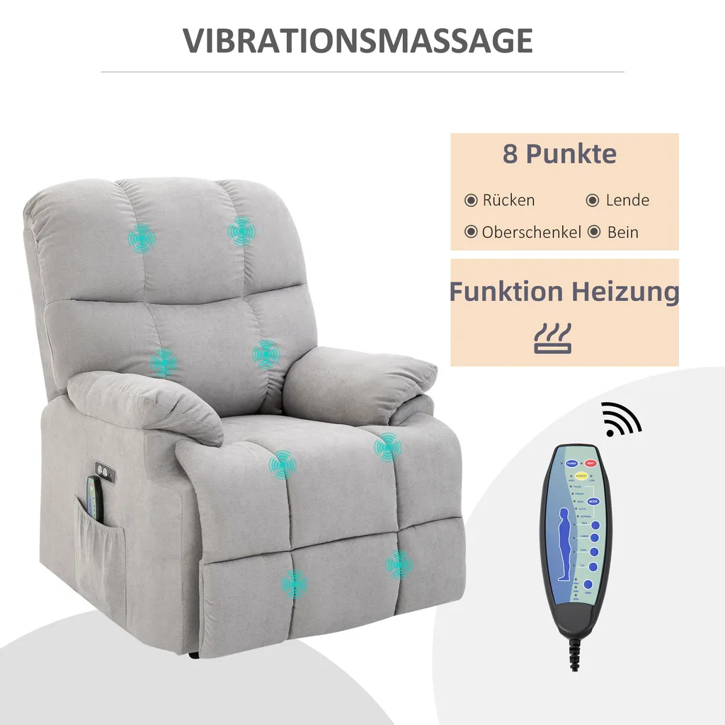 HOMCOM Massagesessel Aufstehhilfe Elektrischer Relaxsessel Mit Wärmefunktion Verstellbarer Winkel USB Fernbedienung Kurzplüsch Grau 83 X 95 X 105 Cm – Bild 4