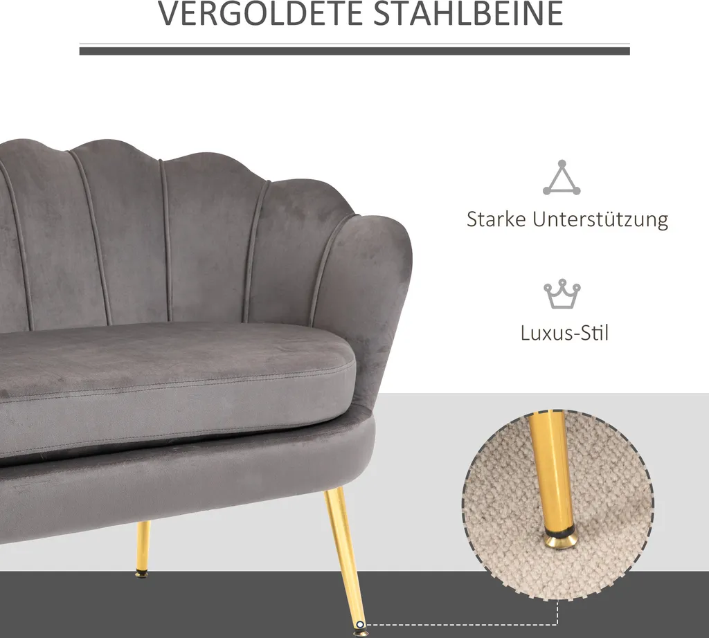 HOMCOM 2-Sitzer Stoffsofa Zweisitzer Loungesofa Mit Weichen Und Großzügigen Kissen Polstersofa Sitzmöbel Polstermöbel Designsofa Elegant Samt Polyester Grau 130 X 63 X 73 Cm – Bild 3