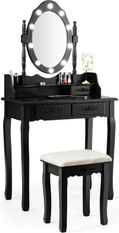 COSTWAY Schminktisch Mit Hocker, 360° Drehbarem Spiegel Und 10 Dimmbaren LED-Birnen, Frisiertisch Aus Tisch Und Abnehmbarer Oberteil, Kosmetiktisch Mit 4 Schubladen, 75 X 40 X 146 Cm (Schwarz)
