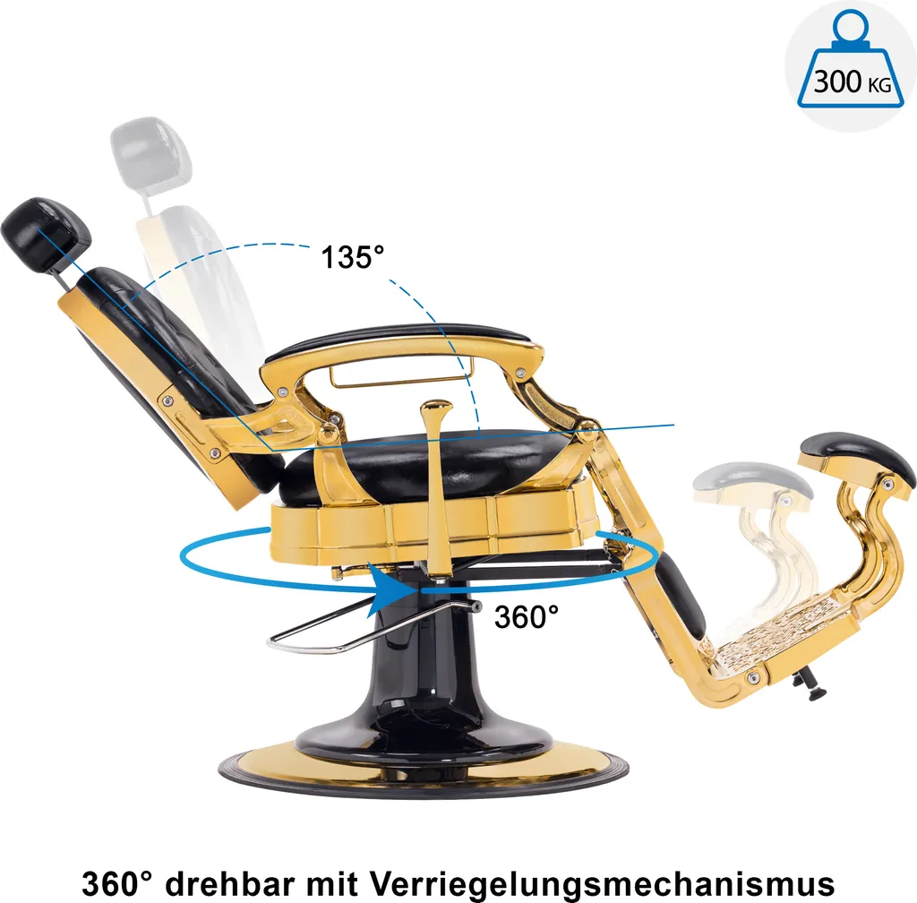 Barberpub Friseurstuhl Hydraulische Friseursessel 2933 GD, Mit Retro/ Vintage Stil, 360° Drehbar, Kunstleder, Goldrahmen , 109 × 68 × 113 Cm (Schwarz-Gold) – Bild 3