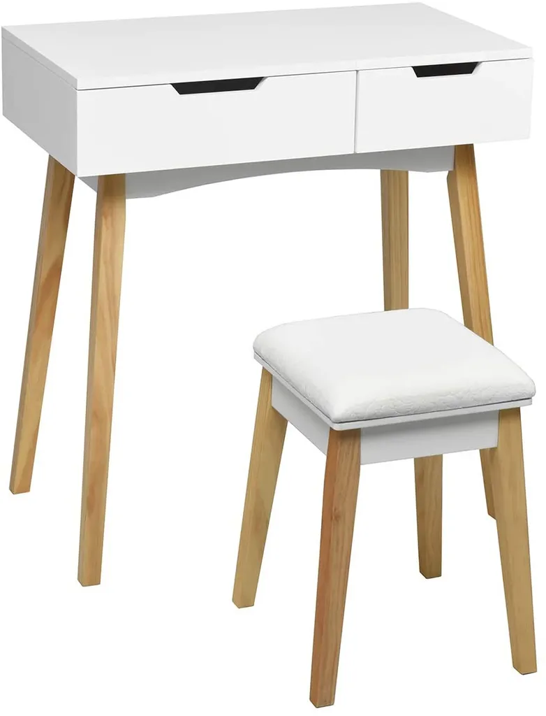 GOPLUS Schminktisch Mit Aufklappbarem Spiegel, Kosmetiktisch Mit Schublade, Inkl. Gepolstertem Hocker, Tisch-Set Mit Massivholzbeine, Für M?dchen & Damen, Wei?, 70 X 40 X 115cm – Bild 4