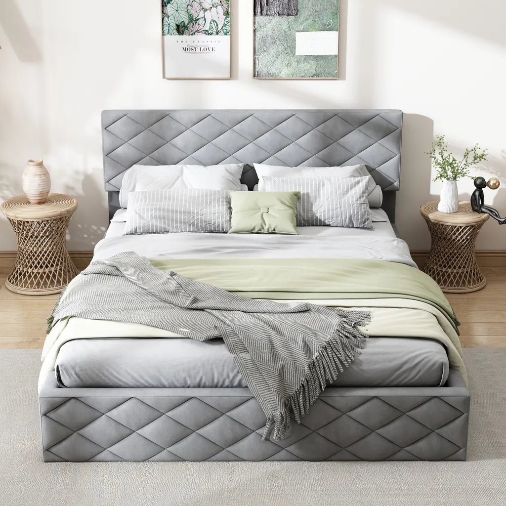 Merax Hydraulisches Boxspringbett 140x200cm Mit Bettkasten, Lattenrost Und Gepolsterten Kopfteil, Polsterbett Funktionsbett Doppelbett Aus Velvet, Grau – Bild 2